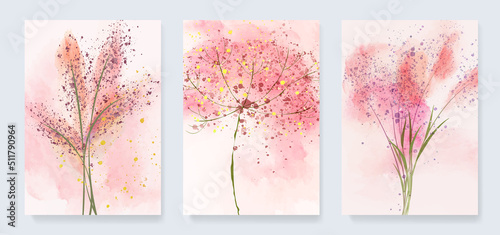 Abstract watercolor floral art background in pink and purple. Ink botanical poster set for print design, wallpaper, interior decor