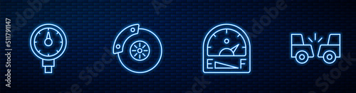 Set line Motor gas gauge, Tire pressure, Car brake disk with caliper and accident. Glowing neon icon on brick wall. Vector