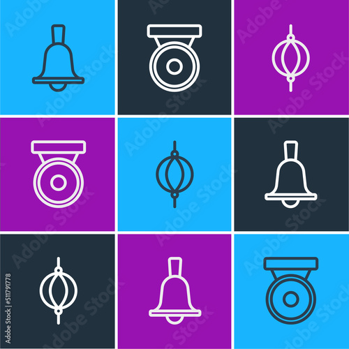 Set line Boxing bell, Punching bag and gong icon. Vector