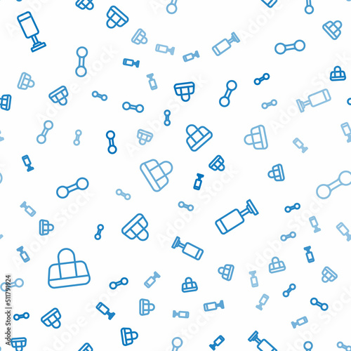 Set line Sport bag, Punching and Dumbbell on seamless pattern. Vector