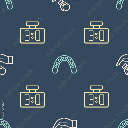 Set line Boxing glove, Sport mechanical scoreboard and Mouth guard boxer on seamless pattern. Vector