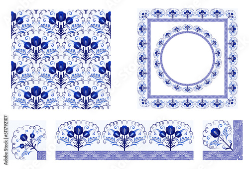 Set of elements with blue flowers. Brush with corner items and seamless pattern in oriental asian style. Round and square frame Cobalt painting style on ceramic Chinese motifs.