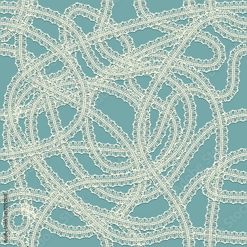 Seamless pattern of texture with white lace ribbons. Twisted lacy fabric strips background.