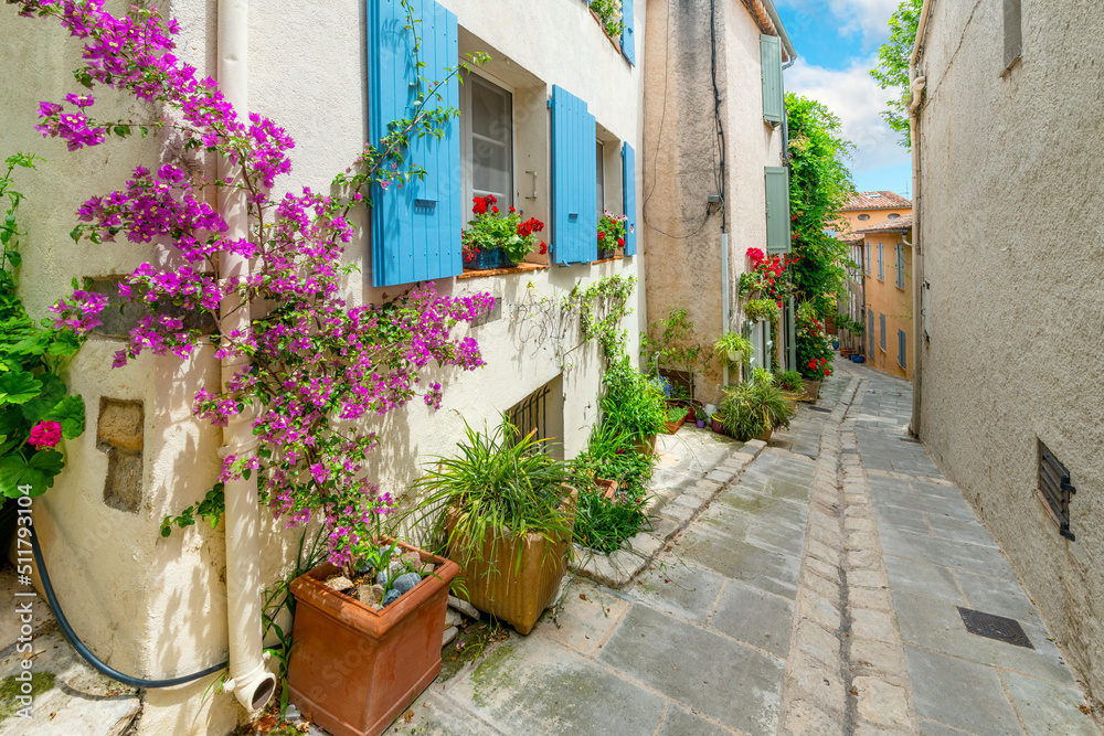 Naklejka premium A charming, picturesque street in the medieval village of Grimaud, France, in the hills above Saint-Tropez along the French Riviera.