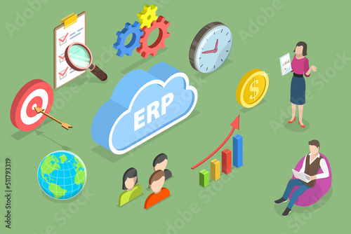 3D Isometric Flat Vector Conceptual Illustration of Cloud ERP Service, Enterprise Resource Planning