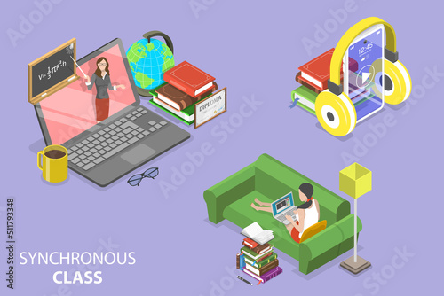 3D Isometric Flat Vector Conceptual Illustration of Synchronous Class, Distance Learning Technologies