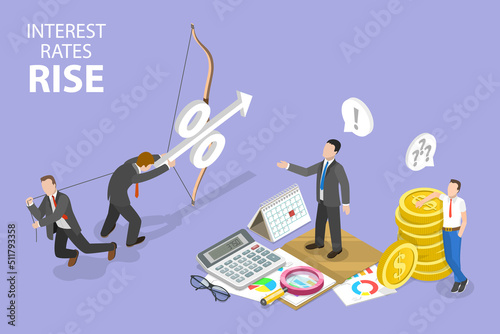 3D Isometric Flat Vector Conceptual Illustration of Interest Rates Rise, Loan and Mortgage Rate