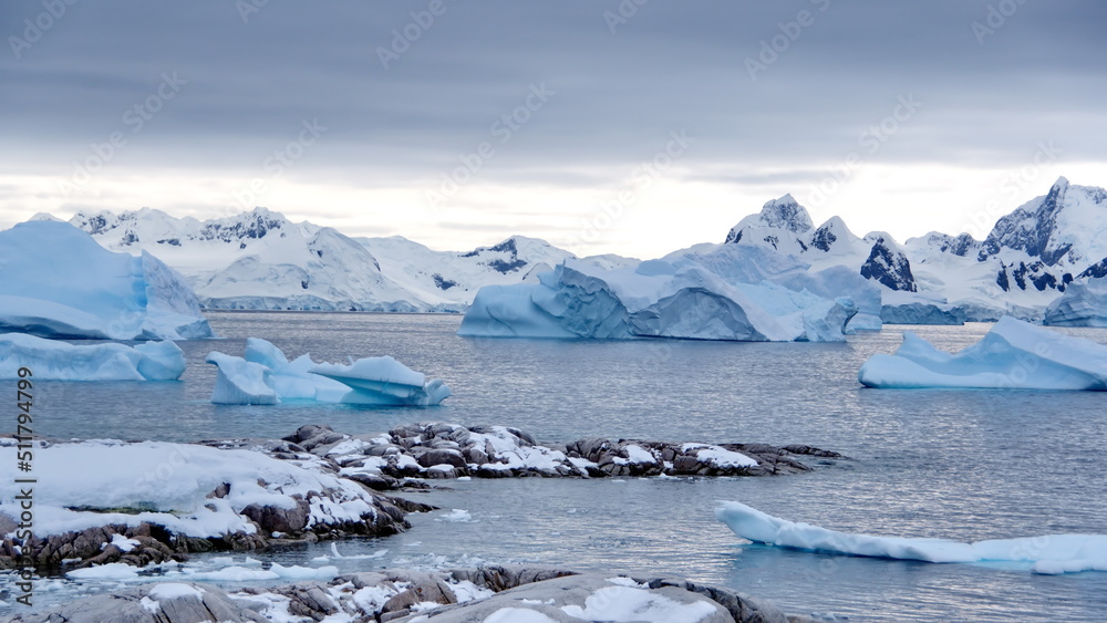 Icebergs floating in the bay in front of snow covered mountains at Portal Point in Antarctica