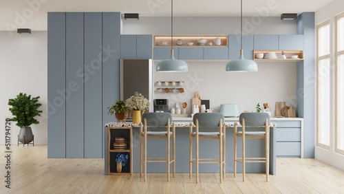 Modern blue kitchen interior with furniture,kitchen interior with white wall.