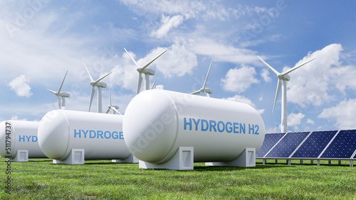 Hydrogen energy storage gas tank for clean electricity solar and wind turbine facility. photo