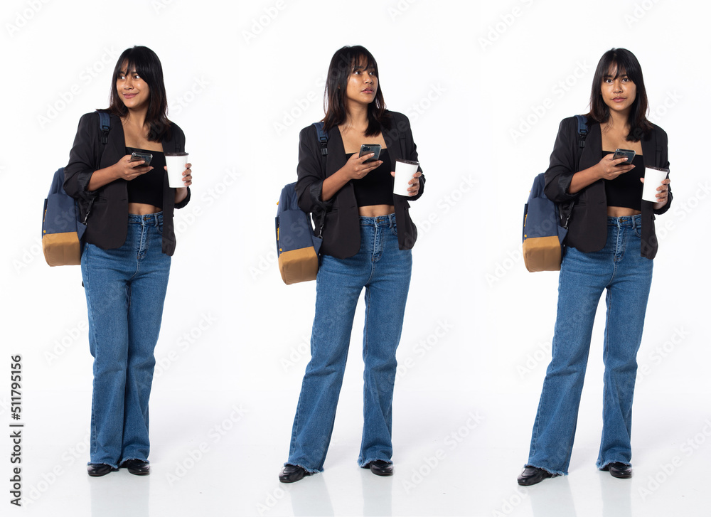 Fototapeta premium Full length 30s adult Asian Indian Woman business, working hard thinking