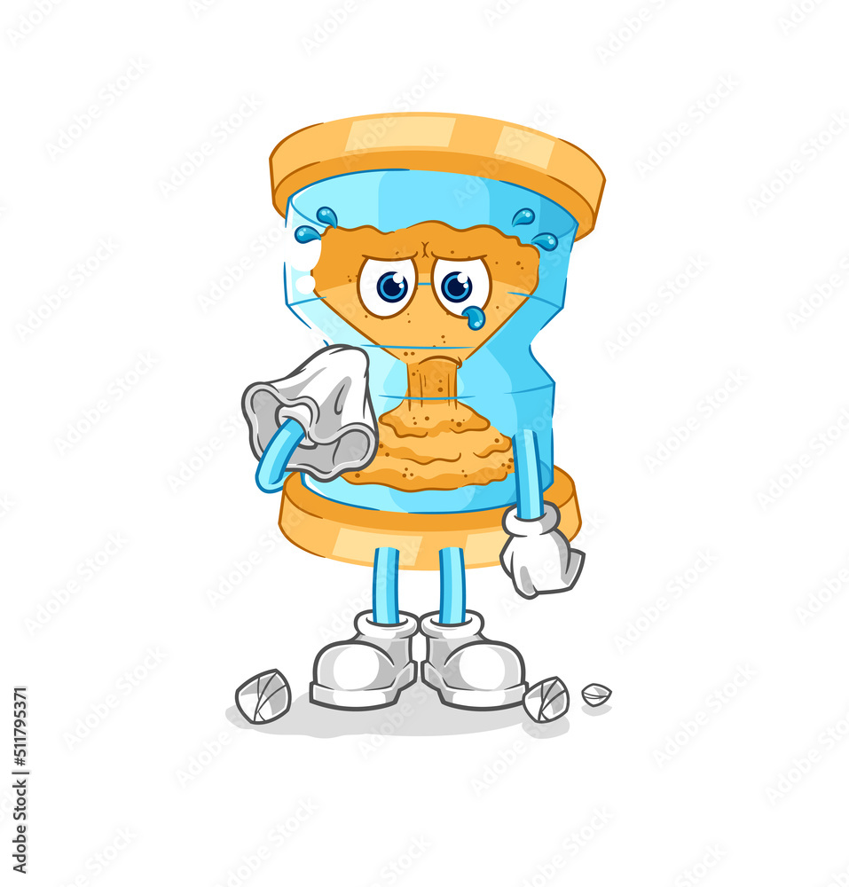 hourglass cry with a tissue. cartoon mascot vector