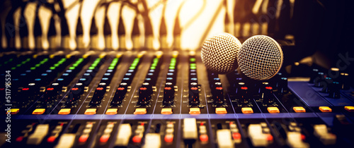 Close-up microphone and sound mixer in studio for sound record control system and audio equipment and music instrument
