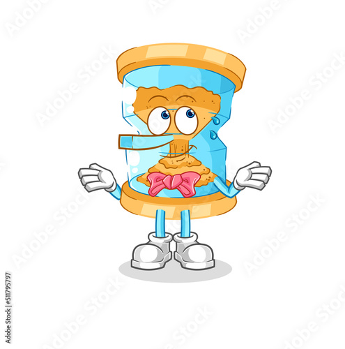 hourglass lie like Pinocchio character. cartoon mascot vector