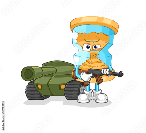 hourglass soldier with tank character. cartoon mascot vector