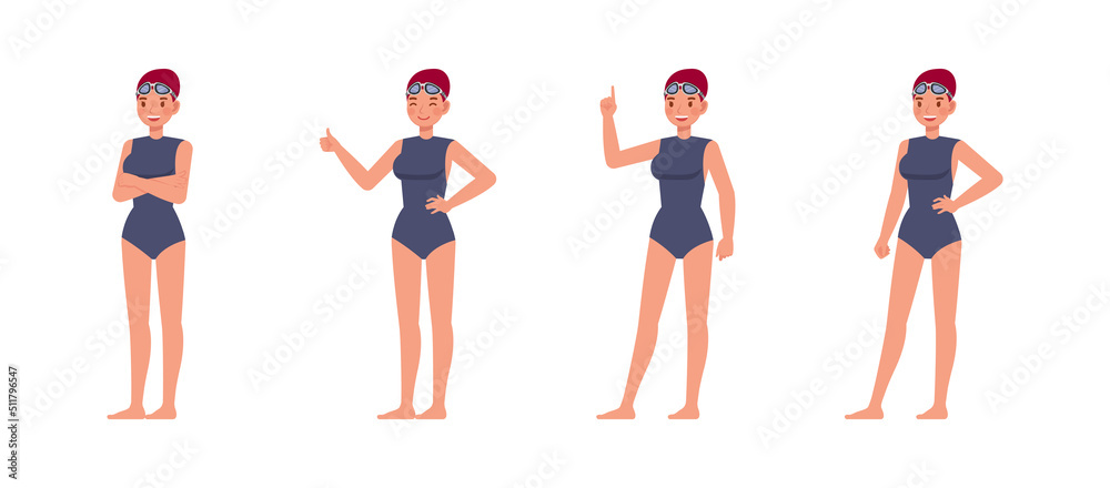 Set of Female swimmer character vector design. Presentation in various action with emotions, running, standing and walking. Set of Female swimmer character vector design. Presentation in various action with emotions, running, standing and walking.