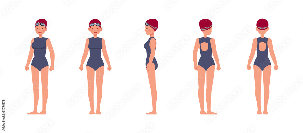 Set of Female swimmer character vector design. Presentation in various action with emotions, running, standing and walking. Set of Female swimmer character vector design. Presentation in various action with emotions, running, standing and walking.