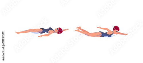 Set of Female swimmer character vector design. Presentation in various action with emotions, running, standing and walking.
