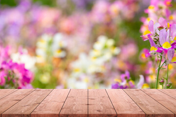 Empty wood table top and blurred yellow tulip flower tree in garden background - can used for display or montage your products.