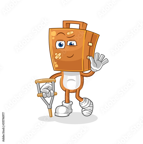 suitcase head sick with limping stick. cartoon mascot vector