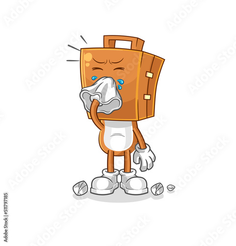 suitcase head blowing nose character. cartoon mascot vector