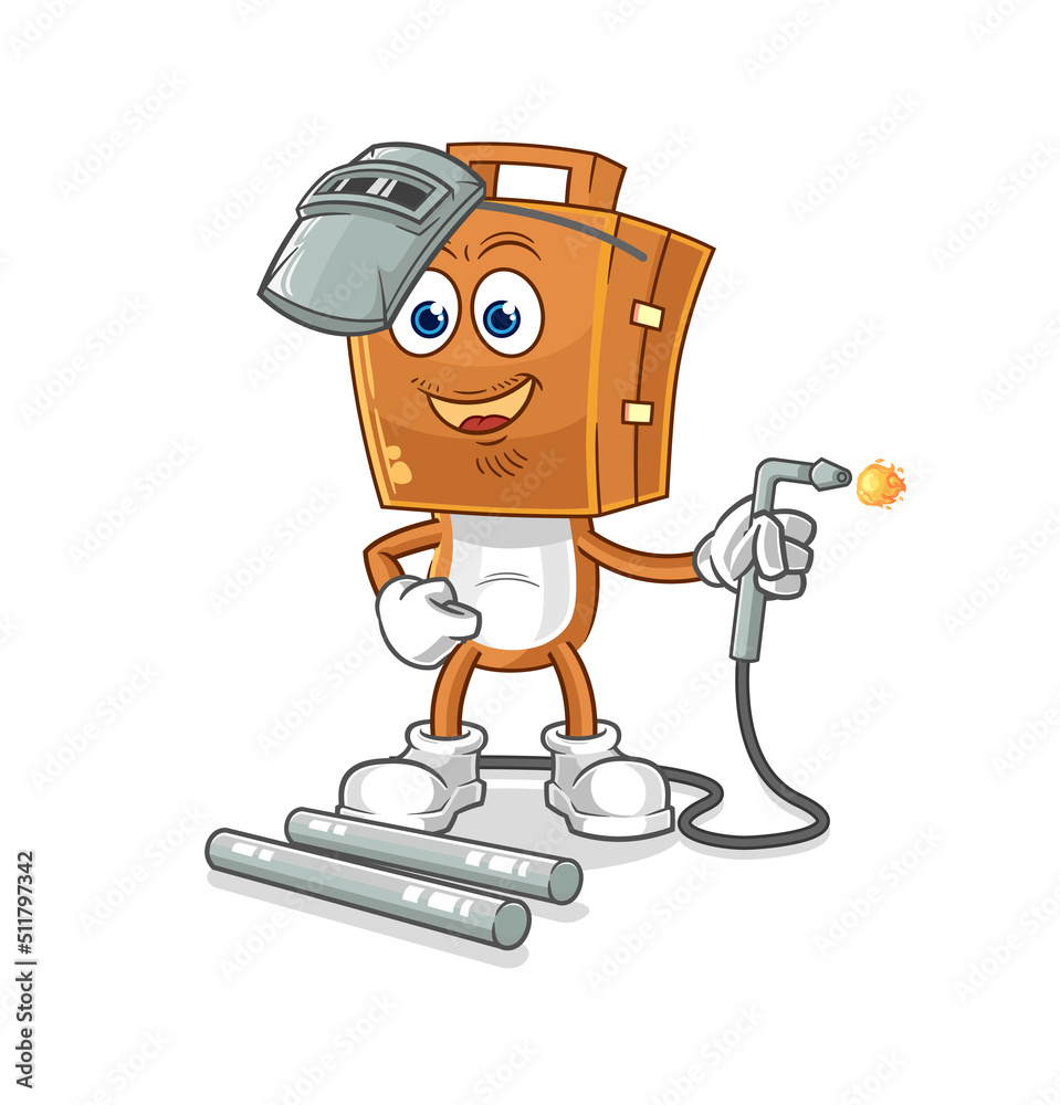 suitcase head welder mascot. cartoon vector