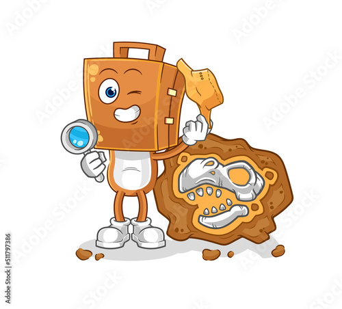 suitcase head archaeologists with fossils mascot. cartoon vector