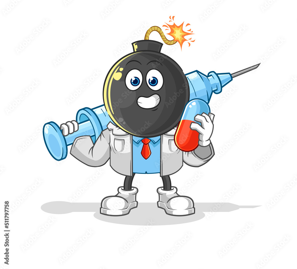 bomb head doctor holding medichine and injection bomb head doctor holding medichine and injection