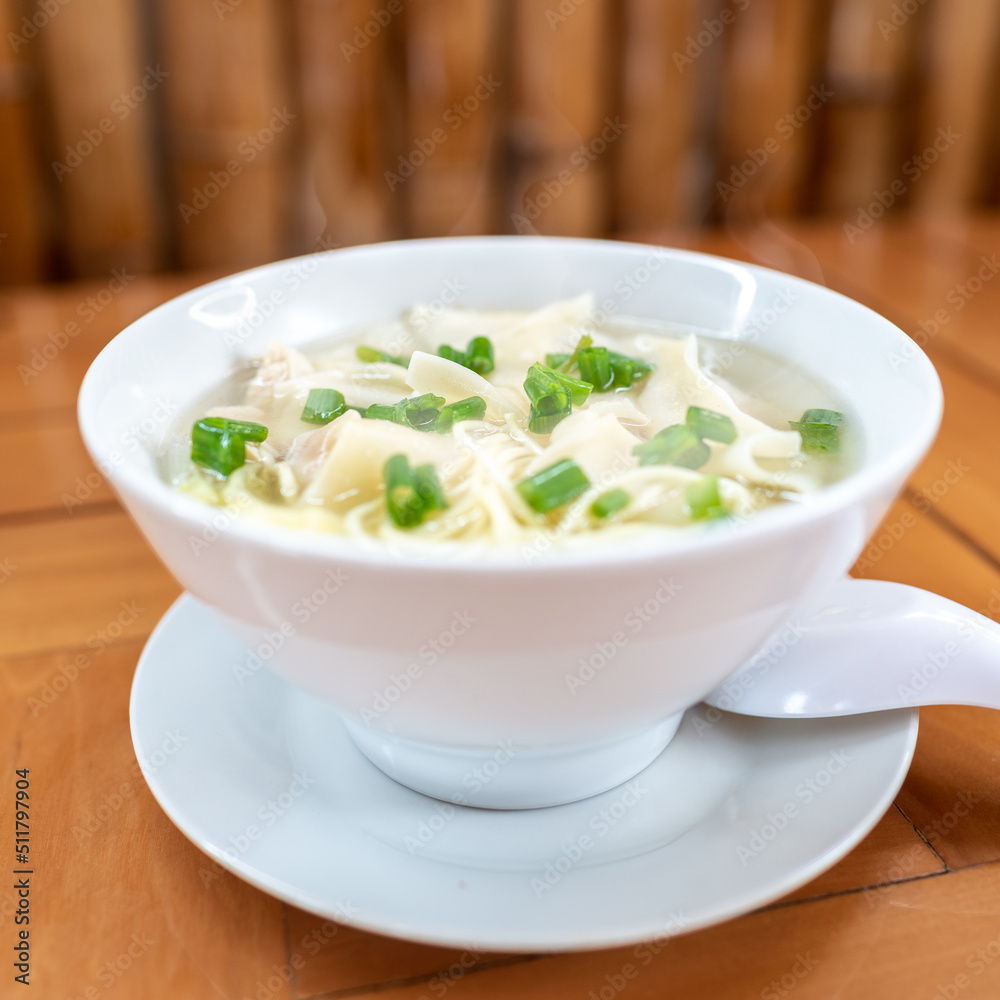 Wuantan soup with chicken noodles and Chinese onion. Chifa. Wuantan soup with chicken noodles and Chinese onion. Chifa.