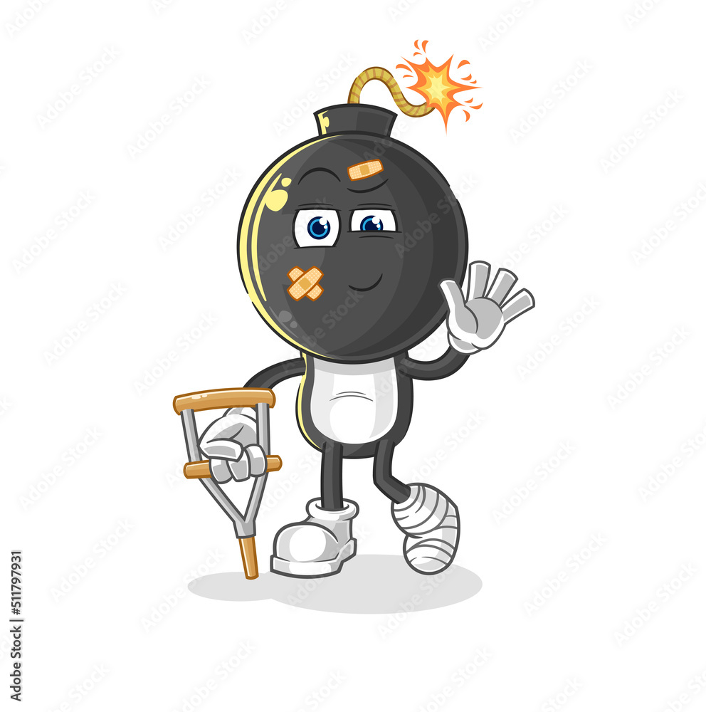 bomb head sick with limping stick. cartoon mascot vector bomb head sick with limping stick. cartoon mascot vector