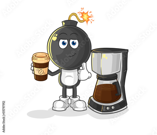 bomb head drinking coffee illustration. character vector