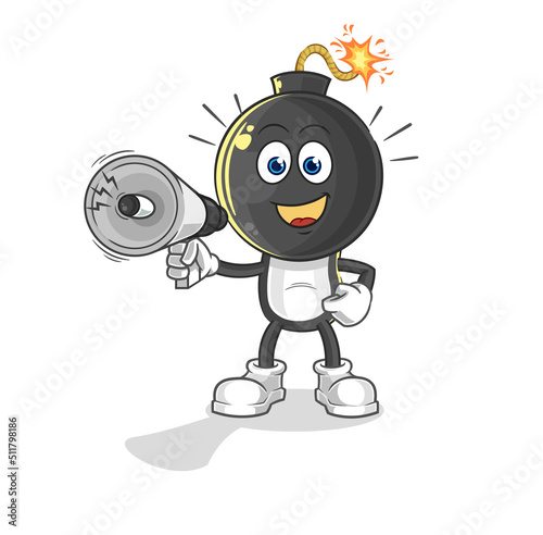 bomb head holding hand loudspeakers vector. cartoon character