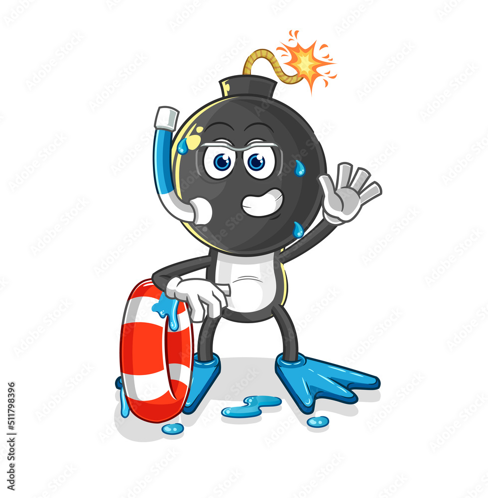 bomb head swimmer with buoy mascot. cartoon vector bomb head swimmer with buoy mascot. cartoon vector