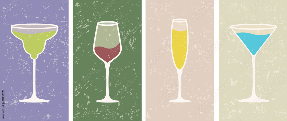 Scratched textured backgrounds with alcoholic cocktails glasses in muted pastel colors. Vector illustration, set of vertical banners, posters, templates, prints with hand drawn leaves and shapes Scratched textured backgrounds with alcoholic cocktails glasses in muted pastel colors. Vector illustration, set of vertical banners, posters, templates, prints with hand drawn leaves and shapes