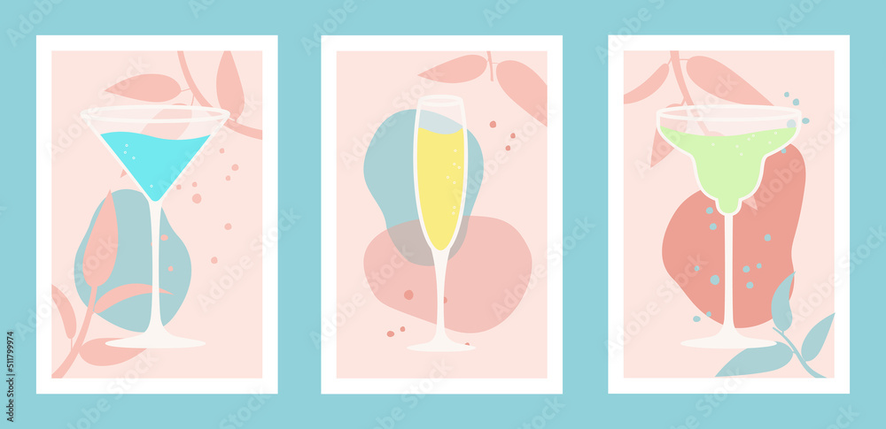 Abstract natural summer backgrounds with alcoholic cocktails glasses in pink blue pastel colors. Vector illustration, set of vertical banners, posters, templates, prints with hand drawn leaves 