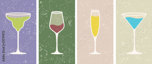 Scratched textured backgrounds with alcoholic cocktails glasses in muted pastel colors. Vector illustration, set of vertical banners, posters, templates, prints with hand drawn leaves and shapes