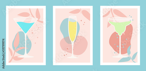 Abstract natural summer backgrounds with alcoholic cocktails glasses in pink blue pastel colors. Vector illustration, set of vertical banners, posters, templates, prints with hand drawn leaves 