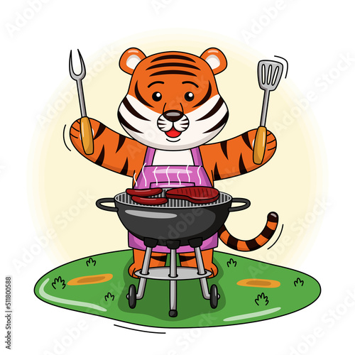 Cartoon illustration of cute tiger cooking barbecue meat