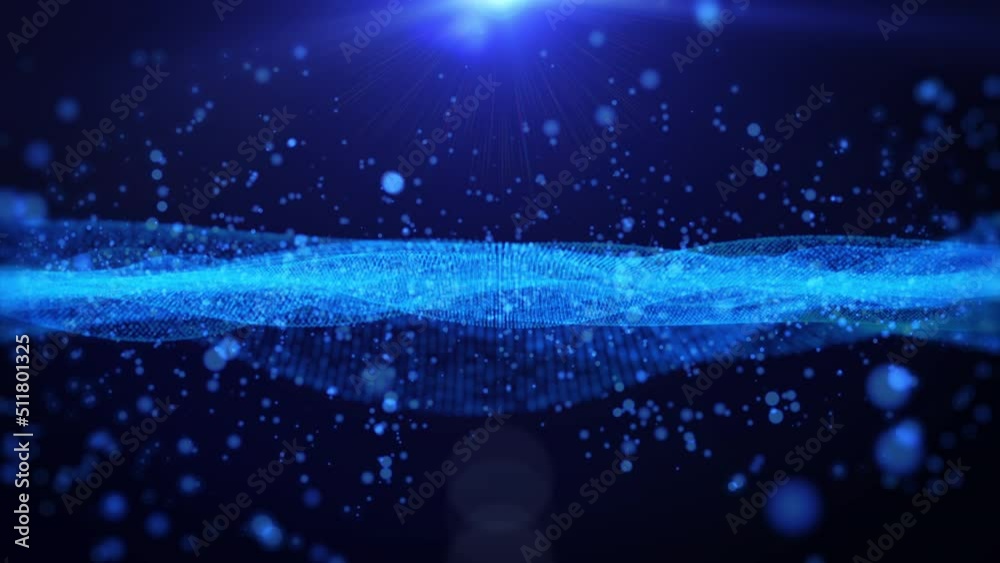 Abstract digital blue dynamic wave particle structure flowing 4K loop motion background.
