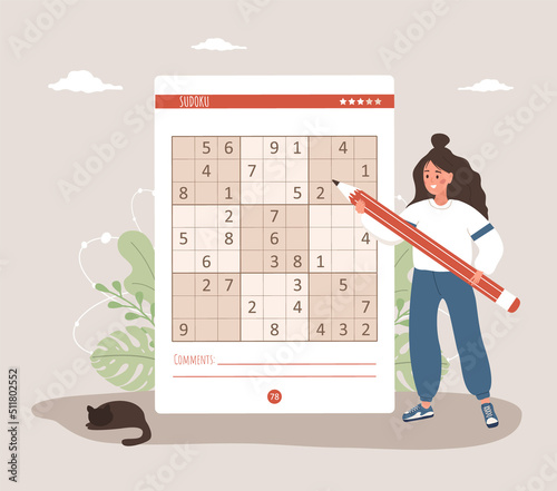 Sudoku game. Woman with giant pencil solves crossword puzzle. Learning and leisure concept. Task for development of logical thinking and training brain. Vector illustration in flat cartoon style.