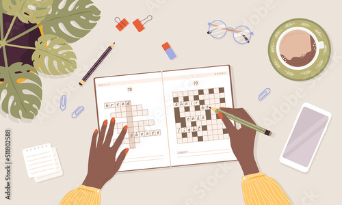Crossword puzzle. Learning and leisure concept. African woman solves rebus. Top view workplace. Task for development of logical thinking and training brain. Vector illustration in flat cartoon style.
