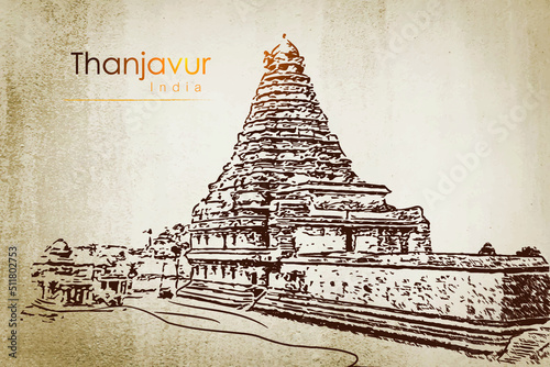 Brihadisvara Temple, Thanjavur Tamil Nadu, Hand drawing vector illustration south India
