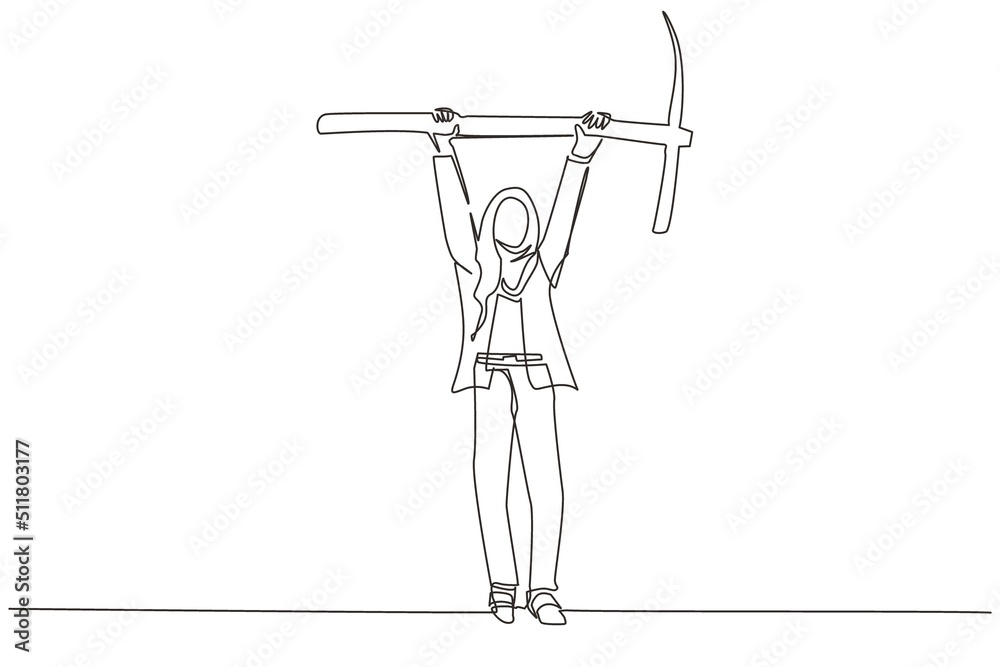 Single continuous line drawing Arabian businesswoman standing and lifting big pickaxe. Business concept. Depicts hard work, success, achievement, discovery. One line graphic design vector illustration