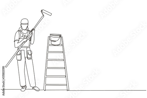 Continuous one line drawing painter woman in overalls with a painting roller, with bucket and ladder. Room painter. Handywoman. Construction worker. Single line draw design vector graphic illustration