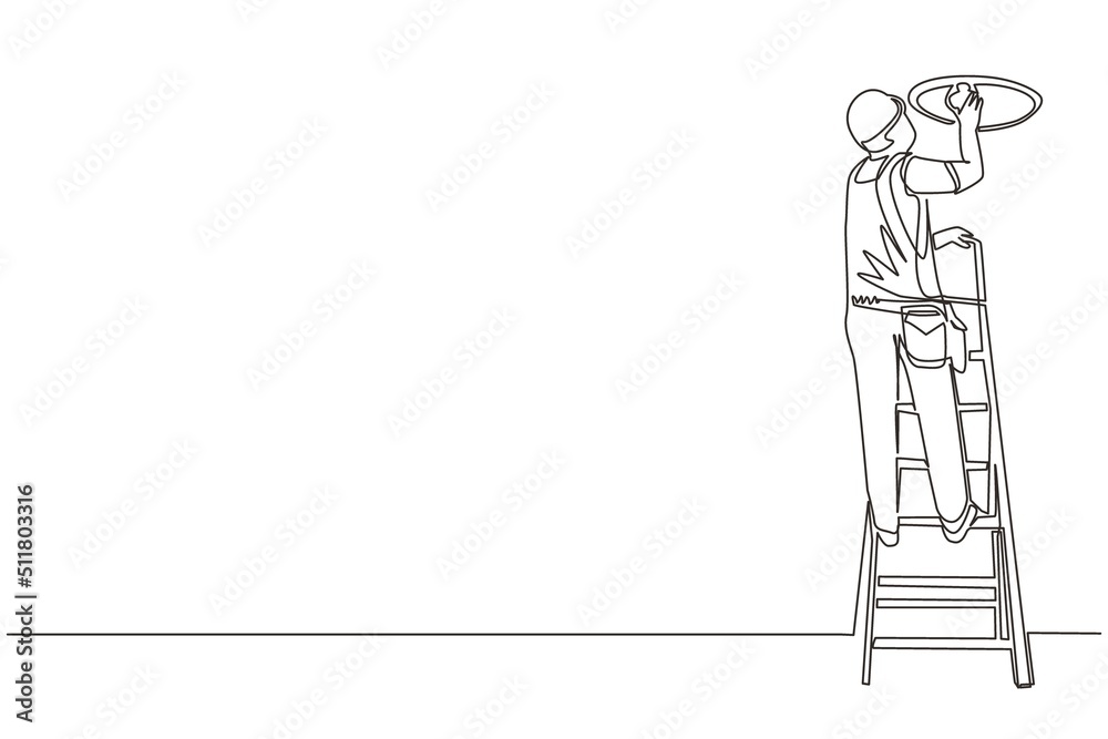 Continuous one line drawing worker electrician on ladder change light bulb. Professional repairman in uniform and helmet working. Idea of electricity. Single line design vector graphic illustration Continuous one line drawing worker electrician on ladder change light bulb. Professional repairman in uniform and helmet working. Idea of electricity. Single line design vector graphic illustration