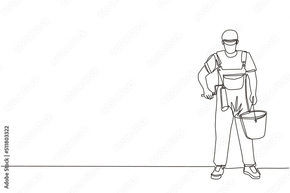 Single continuous line drawing man holds roller with paint and bucket of paint, home repairs, painting walls in house, apartment, professional painter. One line draw graphic design vector illustration