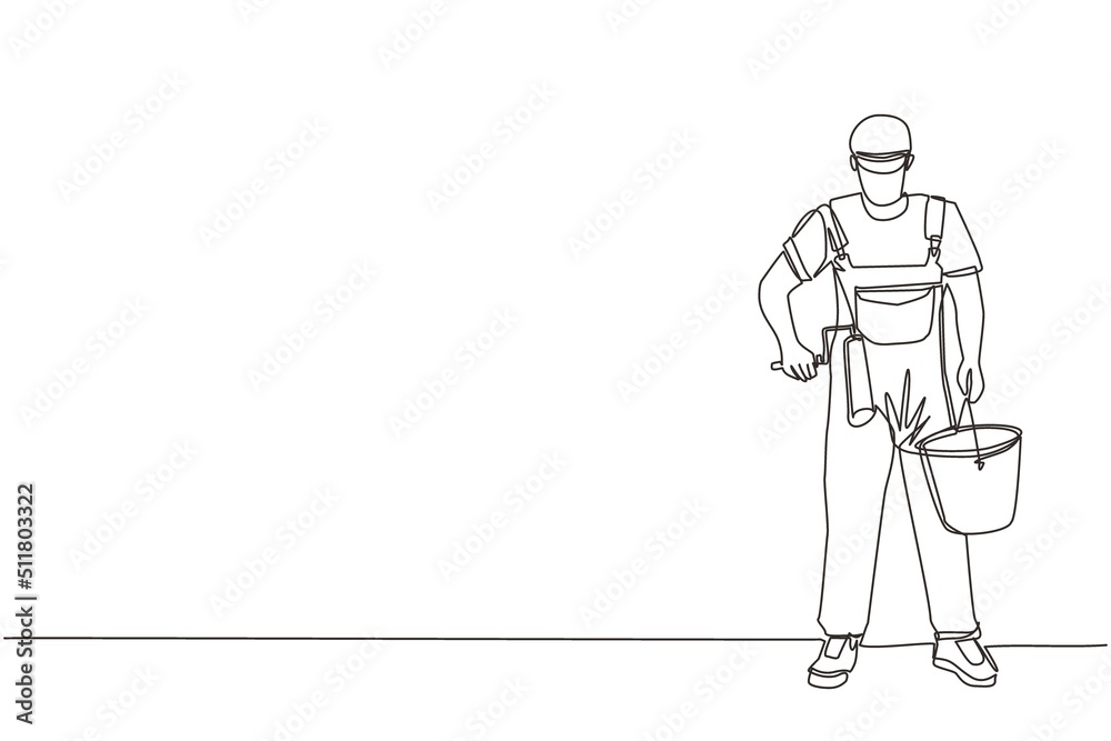 Single continuous line drawing man holds roller with paint and bucket of paint, home repairs, painting walls in house, apartment, professional painter. One line draw graphic design vector illustration Single continuous line drawing man holds roller with paint and bucket of paint, home repairs, painting walls in house, apartment, professional painter. One line draw graphic design vector illustration
