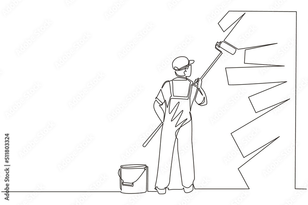 Continuous one line drawing painter decorator repairman people at work. Man repair worker holding paintbrush roller, painting house apartment wall, home renovation. Single line draw design vector Continuous one line drawing painter decorator repairman people at work. Man repair worker holding paintbrush roller, painting house apartment wall, home renovation. Single line draw design vector