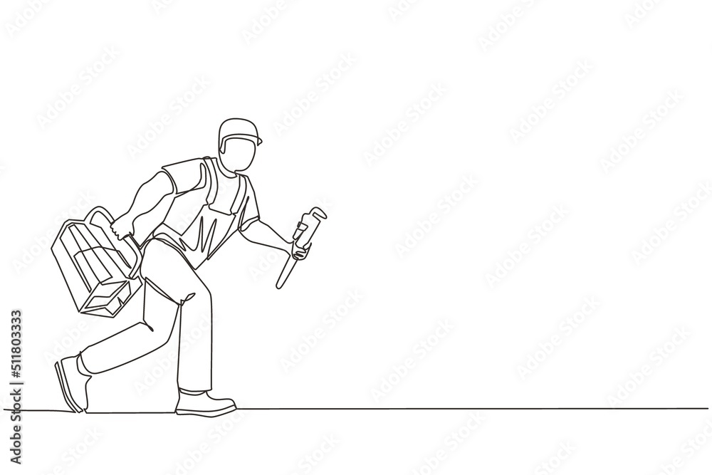 Continuous one line drawing mechanic repairman worker with tools is running. Technical service. Plumber with monkey wrench and toolbox run forward. Single line draw design vector graphic illustration