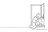 Single continuous line drawing door service. Repairman in the uniform with special equipment repair door element. Locksmith fix lock. Construction services. Dynamic one line draw graphic design vector